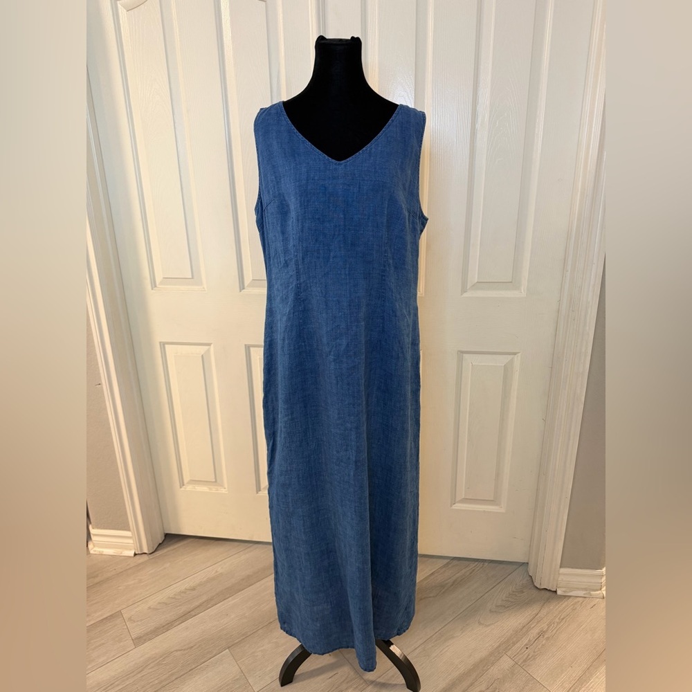 Blue Linen Maxi Dress Sz 14 Jones New York Blue Lagenlook Boho Travel Beachy - Picture 9 of 14